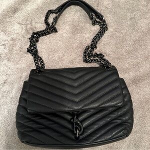 REBECCA MINKOFF Edie Chevron Quilted Black Leather Shoulder Bag